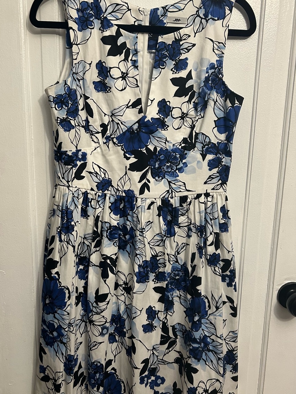 Sleeveless White Dress with Blue & Black Floral Print